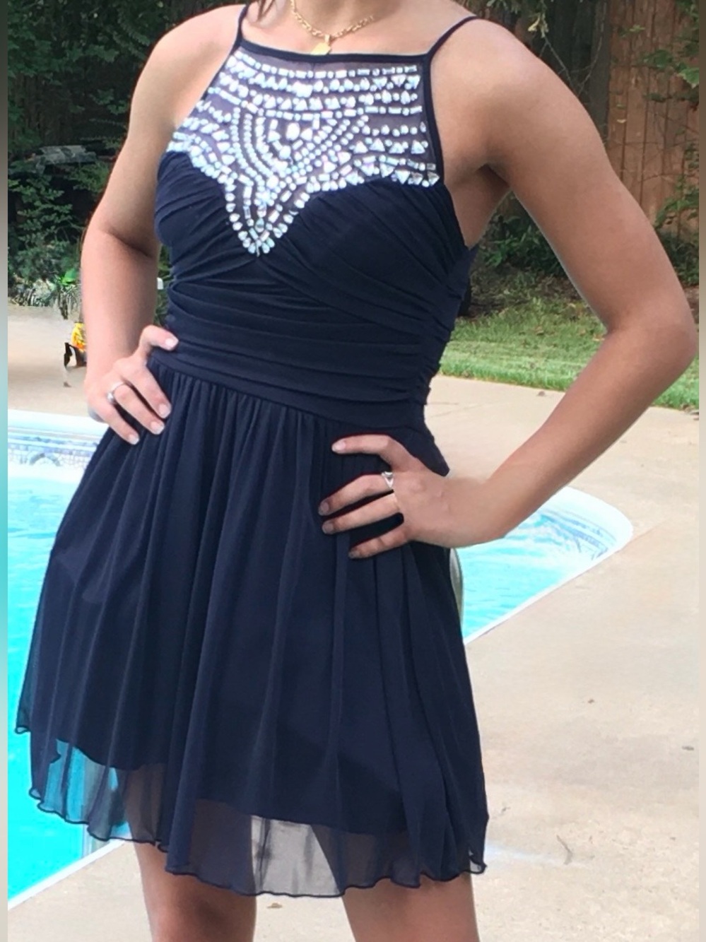 Navy Blue Halter Mini Dress with Rhinestone Beaded Yoke
